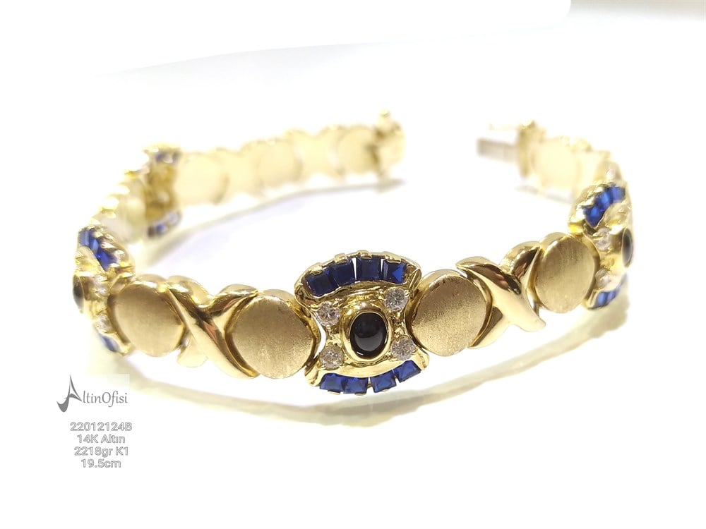 Lacivert Taşlı Pres Künye Bileklik 14 Ayar Altın