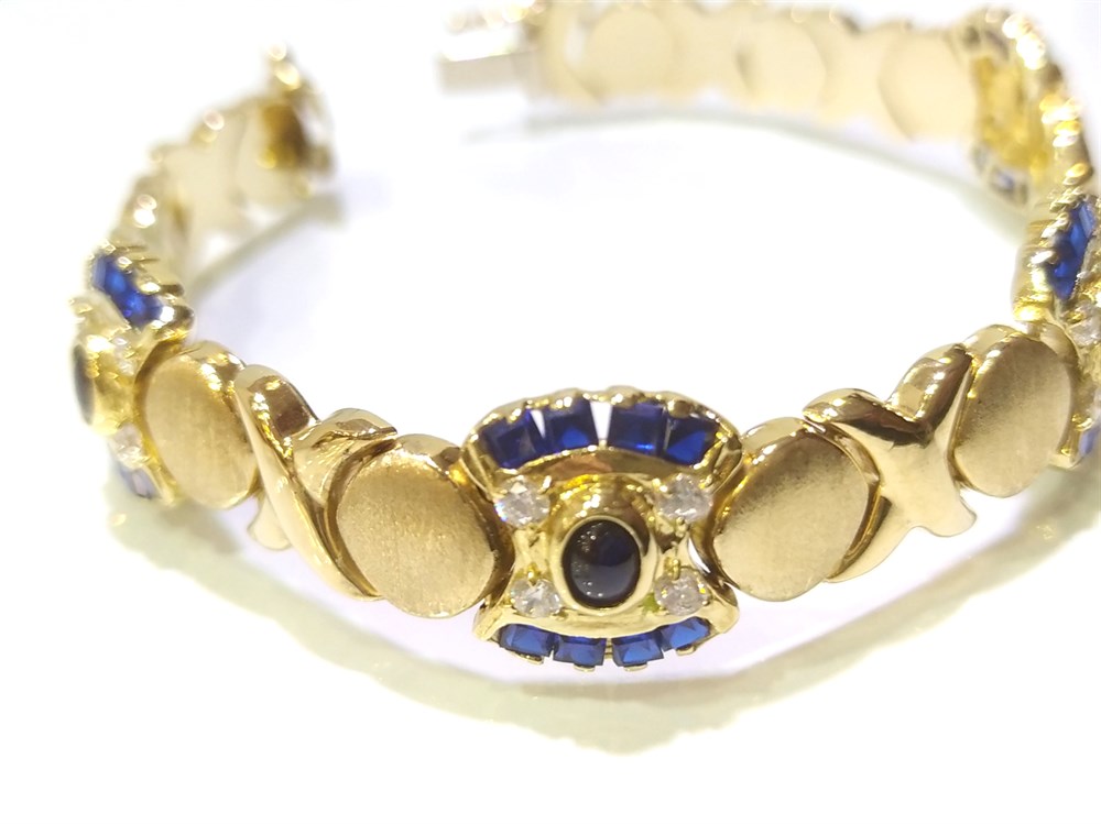 Lacivert Taşlı Pres Künye Bileklik 14 Ayar Altın