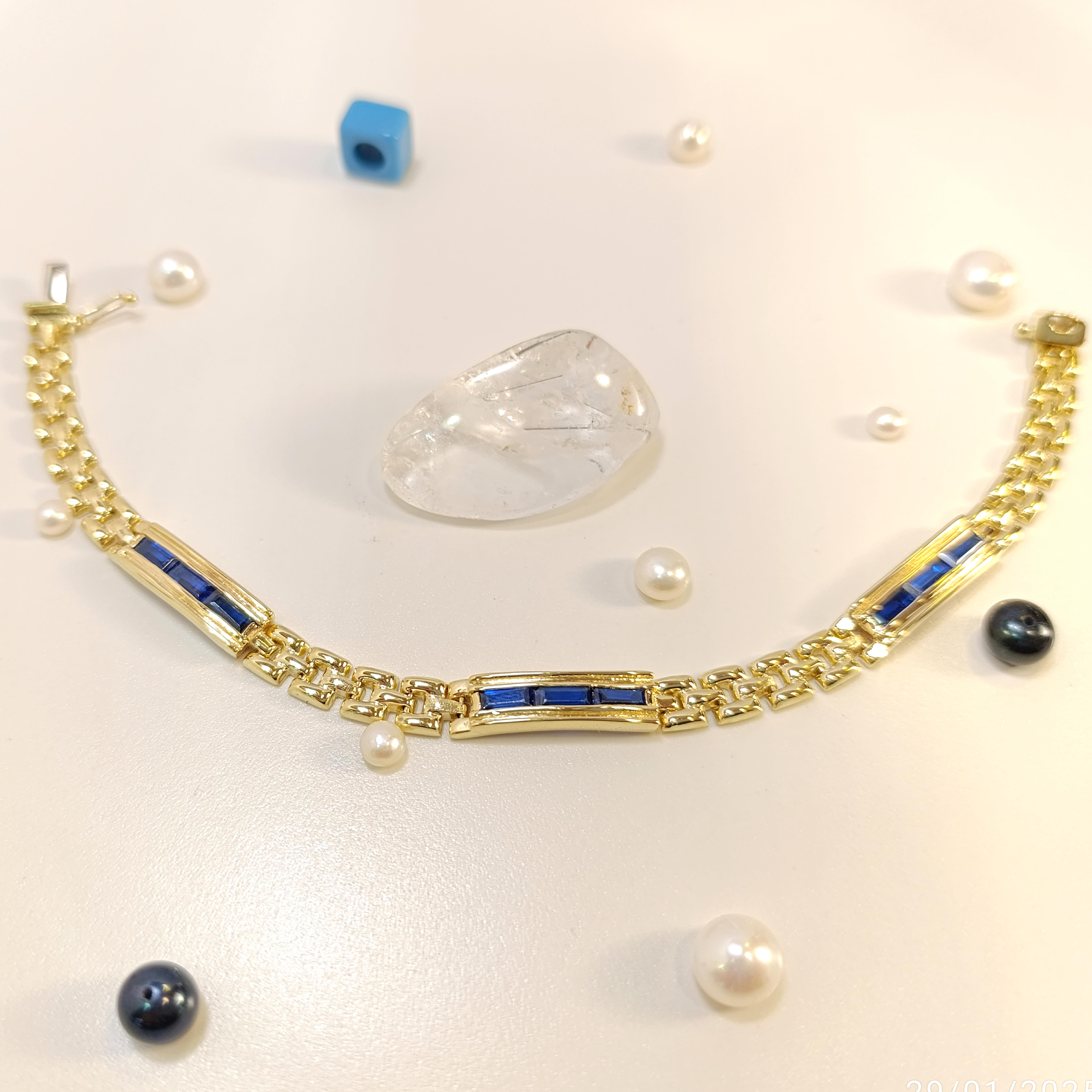 Mavi Baget Taşlı Bileklik Künye 14 Ayar Altın HD VİDEOLU