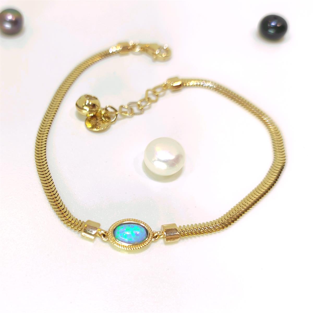 Mavi Opal Taşlı Balık Sırtı Bileklik Künye 14 Ayar Altın HD VİDEOLU