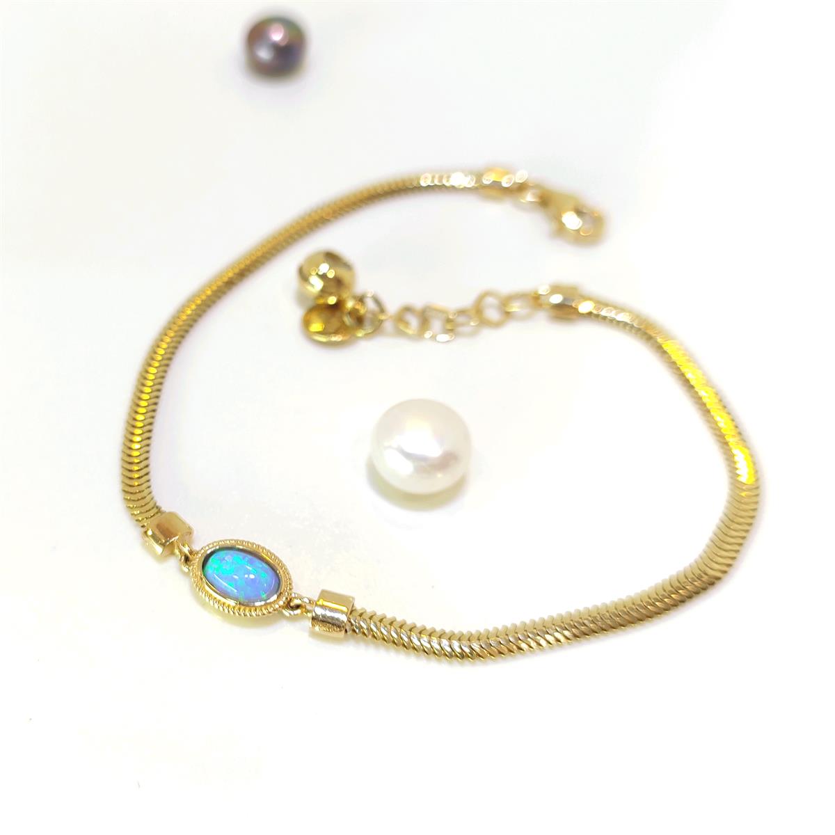 Mavi Opal Taşlı Balık Sırtı Bileklik Künye 14 Ayar Altın HD VİDEOLU