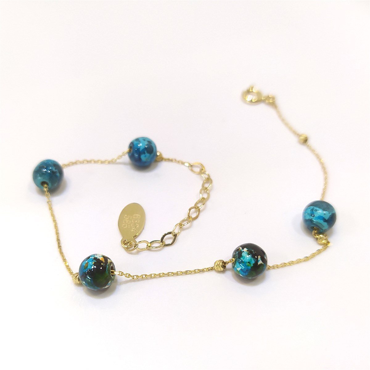 Mavi Porselen Taşlı Dorika Toplu Bileklik Künye 14 Ayar Altın