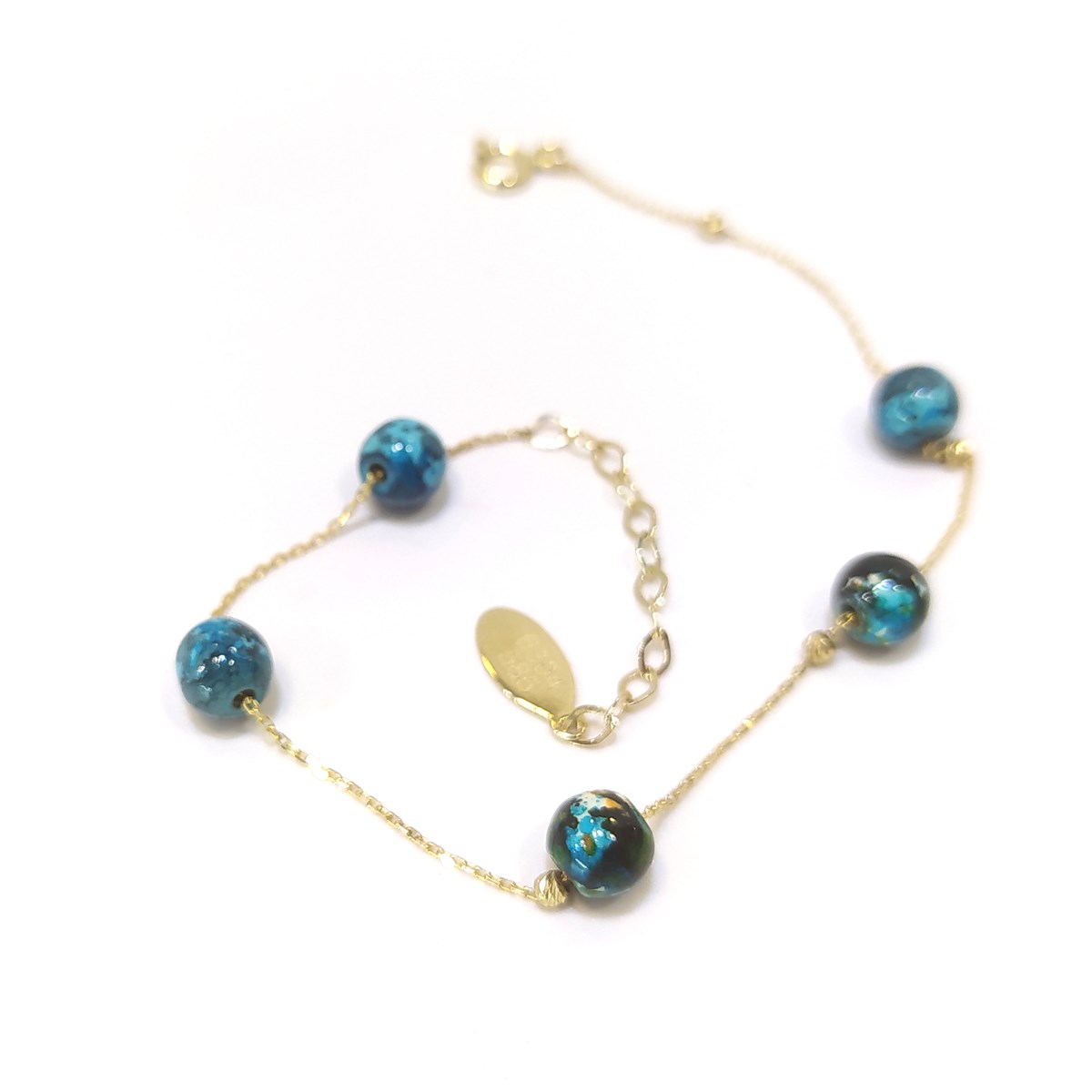 Mavi Porselen Taşlı Dorika Toplu Bileklik Künye 14 Ayar Altın