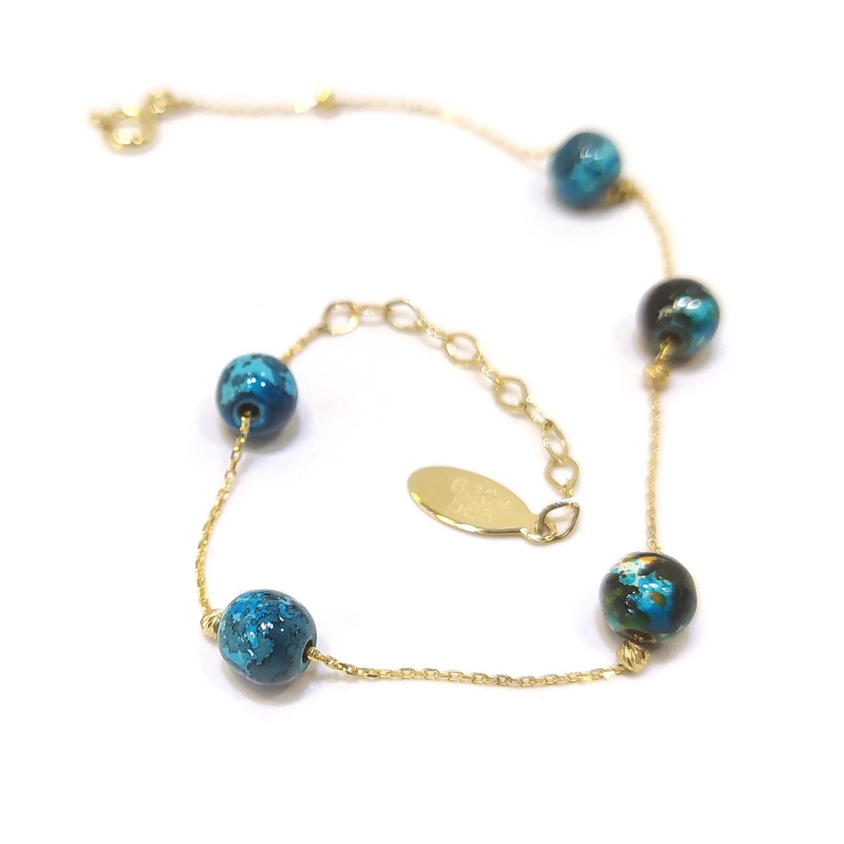 Mavi Porselen Taşlı Dorika Toplu Bileklik Künye 14 Ayar Altın