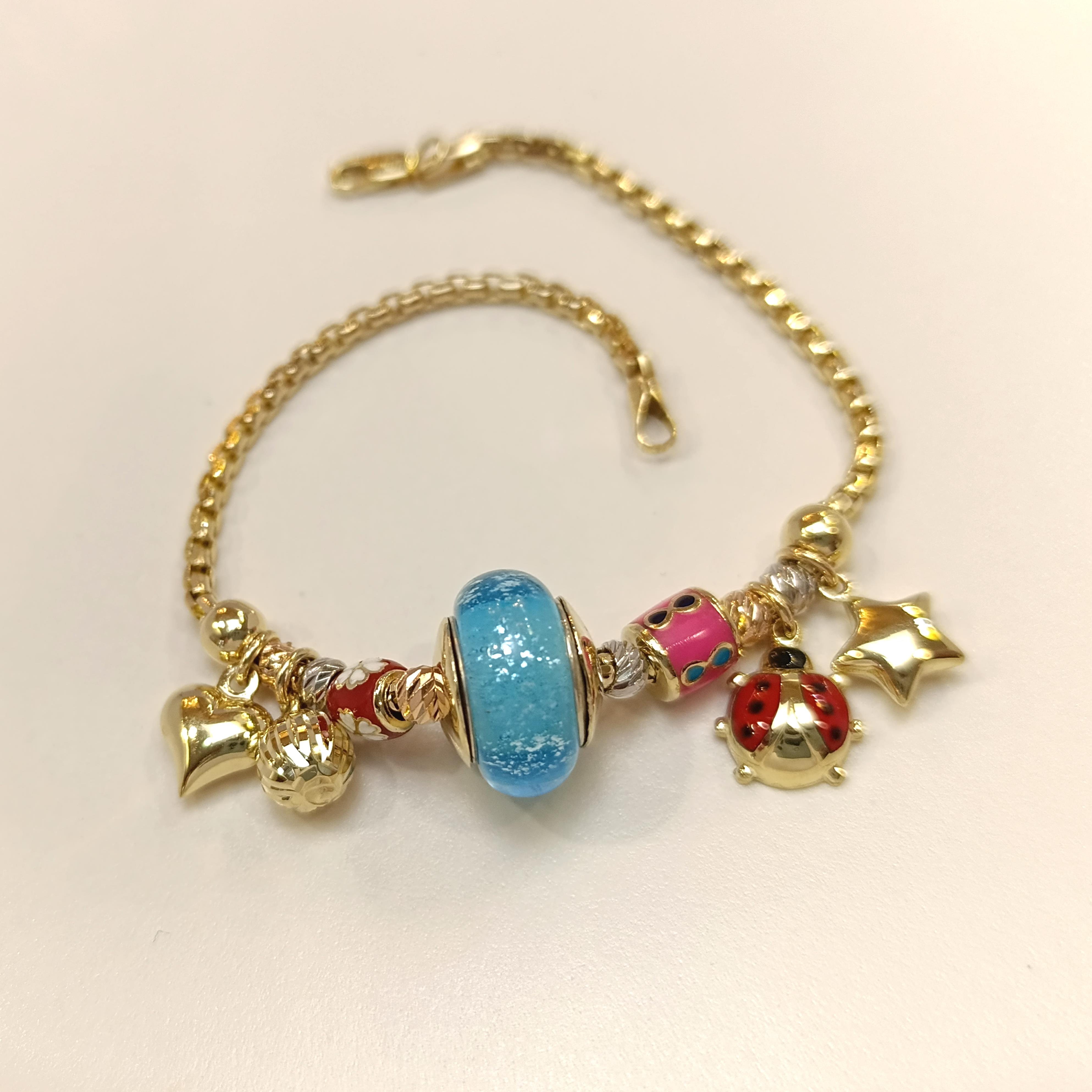 Mavi Taşlı Charm Kalp, Yıldız ve Uğur Böcekli  Bileklik Künye 14 Ayar Altın HD VİDEOLU