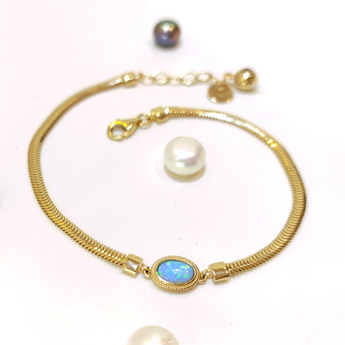 Opal Taşlı Balık Sırtı Bileklik Künye 14 Ayar Altın HD VİDEOLU