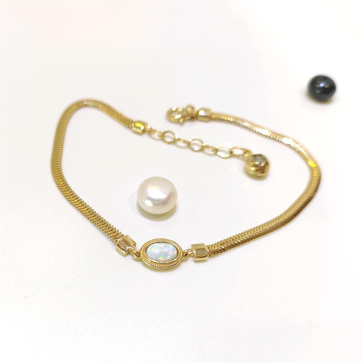 Opal Taşlı Balık Sırtı Bileklik Künye 14 Ayar Altın HD VİDEOLU