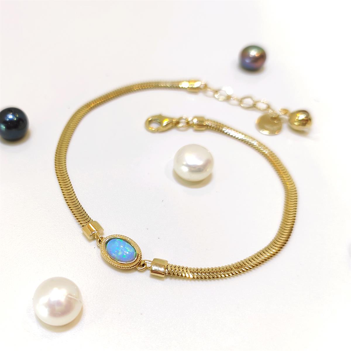 Opal Taşlı Balık Sırtı Bileklik Künye 14 Ayar Altın HD VİDEOLU