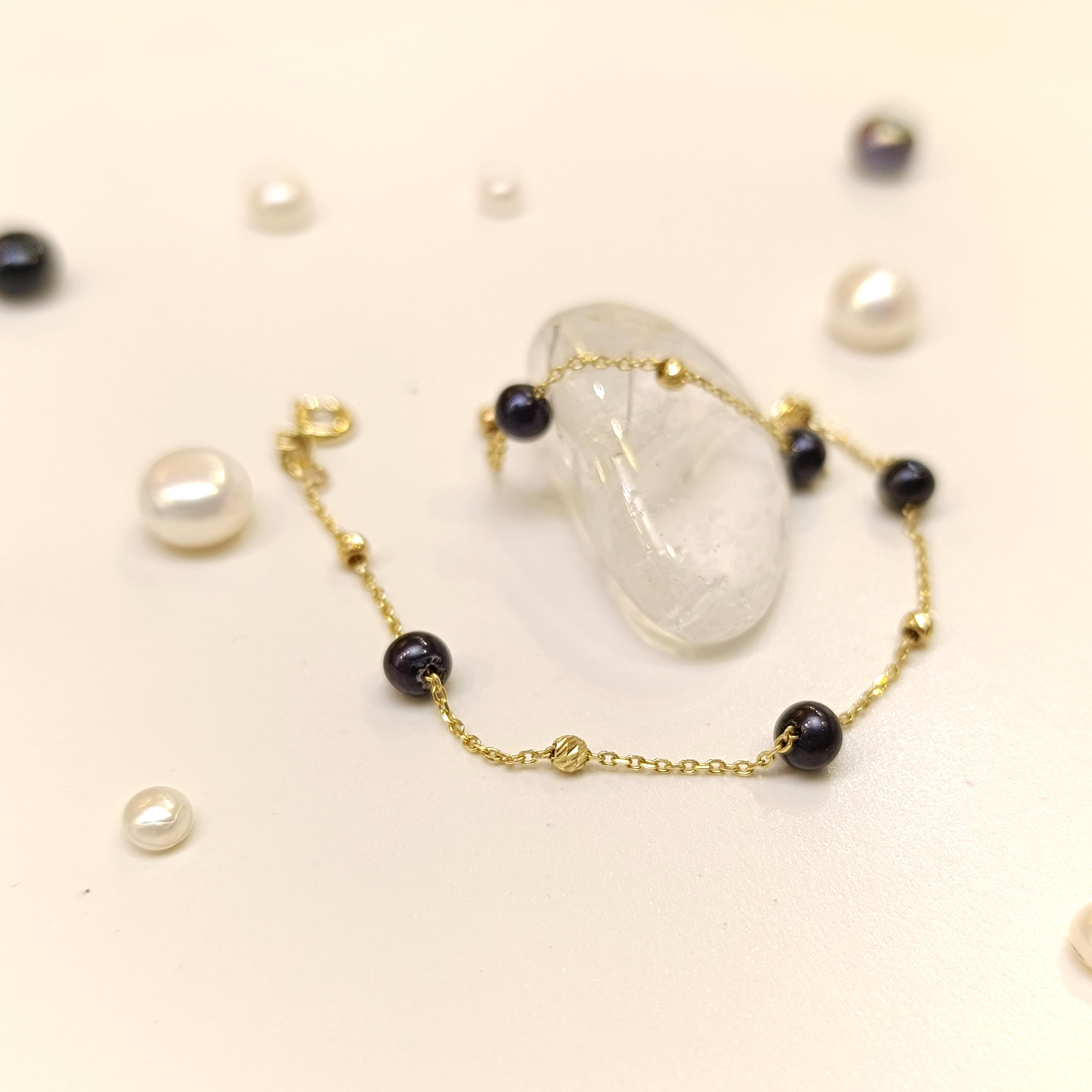 Siyah İnci Bileklik Künye 14 Ayar Altın HD VİDEOLU