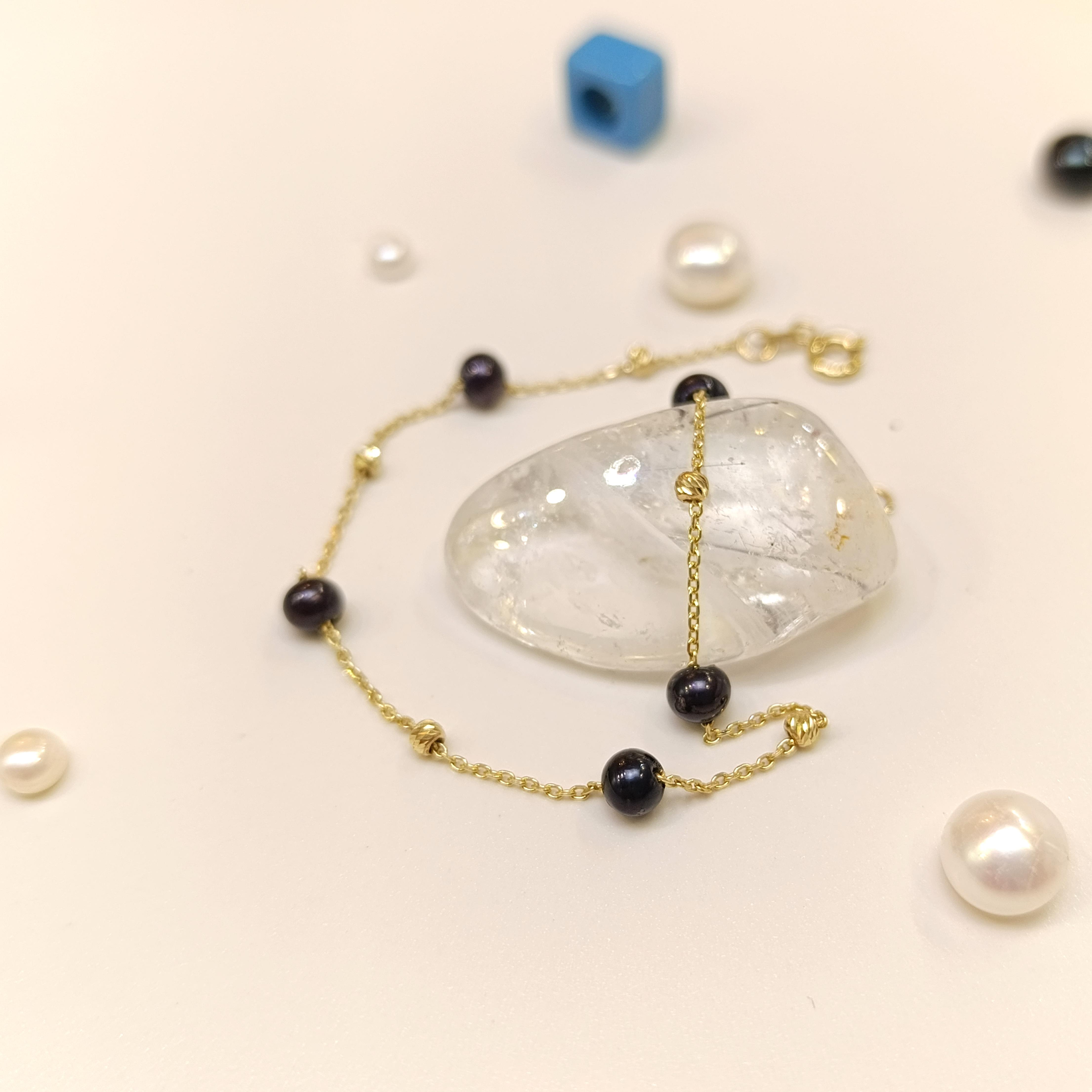 Siyah İnci Bileklik Künye 14 Ayar Altın HD VİDEOLU