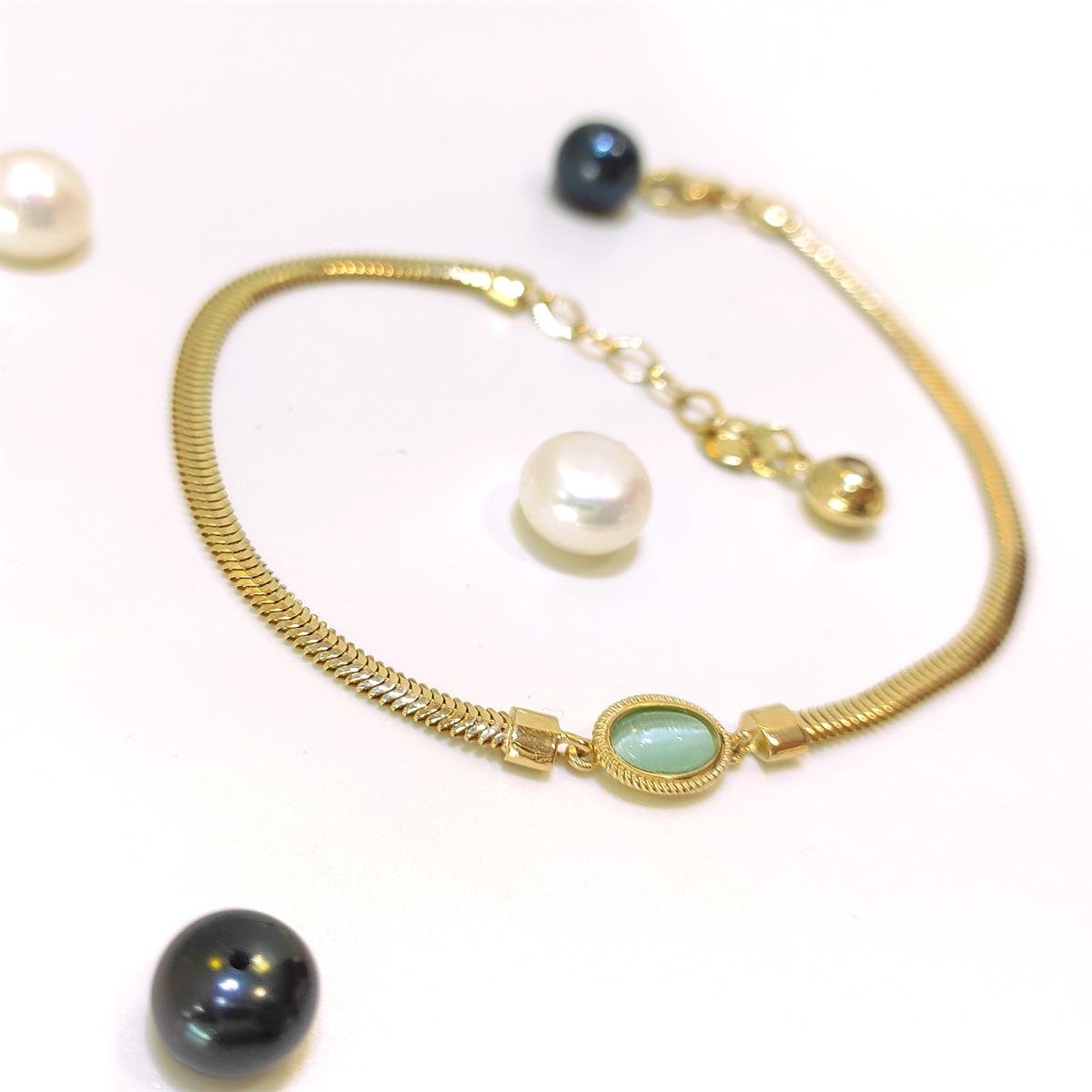 Yeşil Kaplan Gözü Taşlı Balık Sırtı Bileklik Künye 14 Ayar Altın HD VİDEOLU