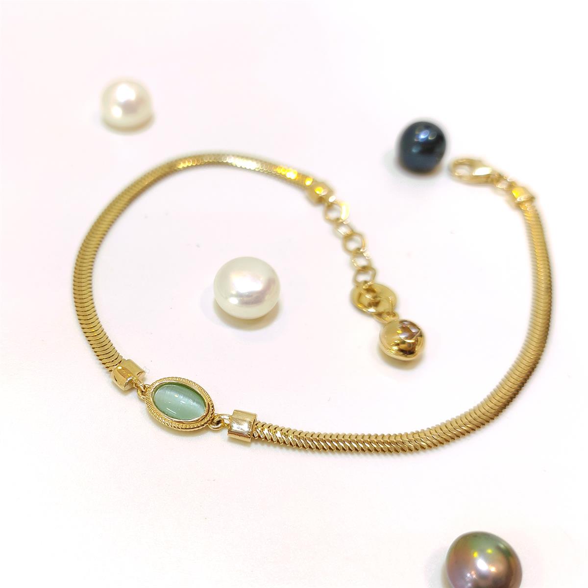 Yeşil Kaplan Gözü Taşlı Balık Sırtı Bileklik Künye 14 Ayar Altın HD VİDEOLU