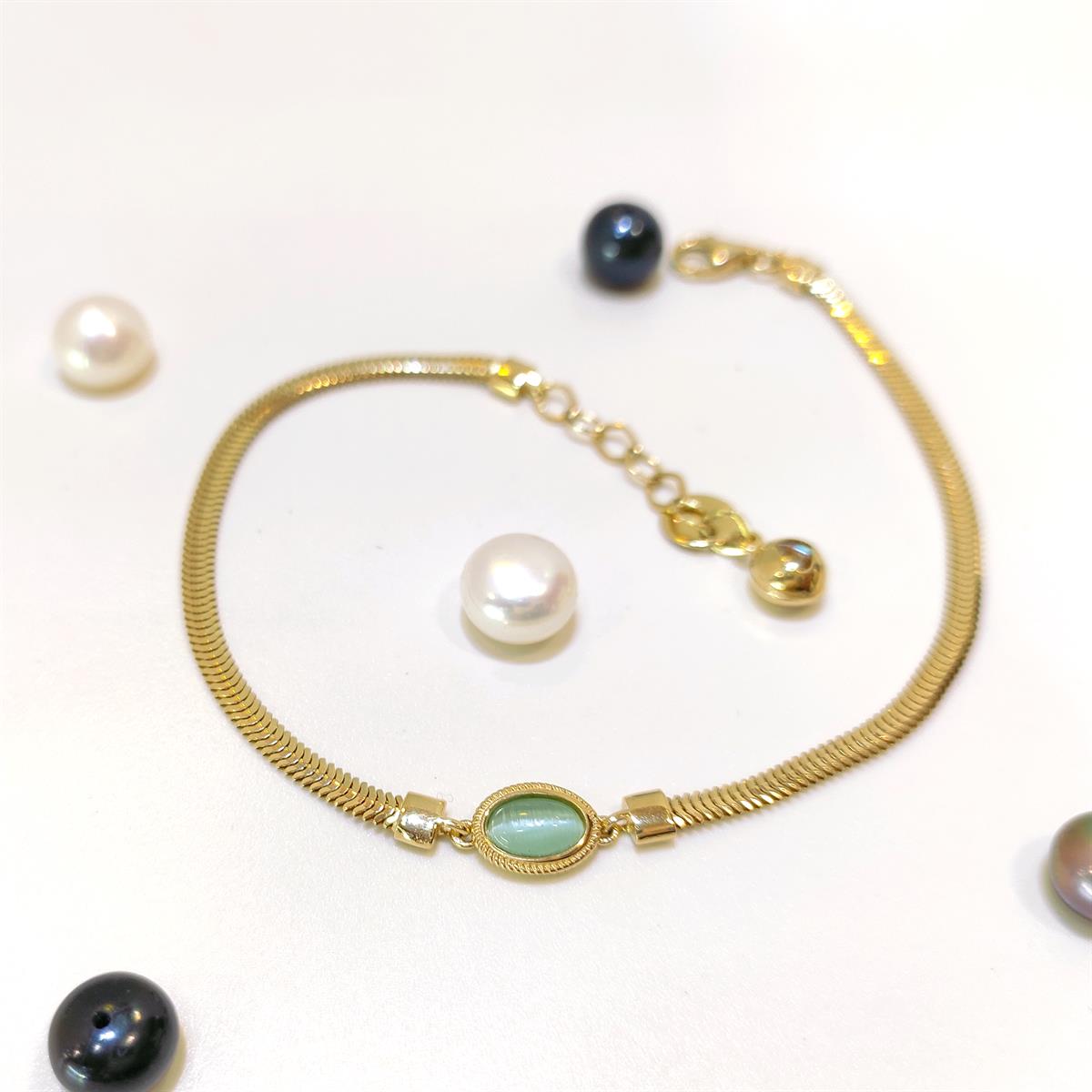 Yeşil Kaplan Gözü Taşlı Balık Sırtı Bileklik Künye 14 Ayar Altın HD VİDEOLU