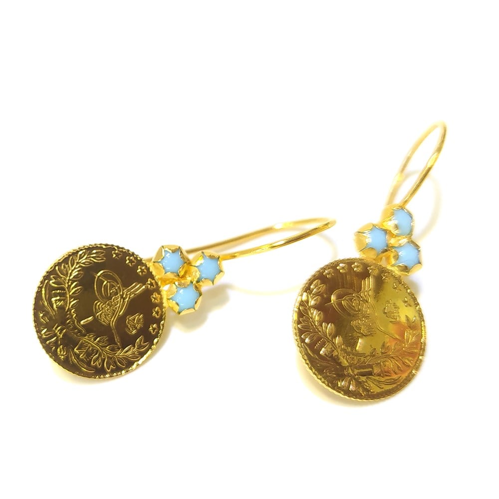 Firuze Taşlı Reşat Çeyrek Altınlı Küpe 22 Ayar Altın