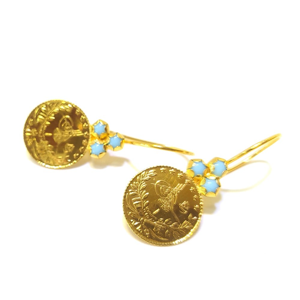 Firuze Taşlı Reşat Çeyrek Altınlı Küpe 22 Ayar Altın