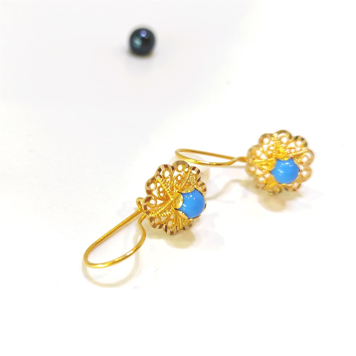 12.5mm Sallanan Turkuaz Gül Küpe 14 Ayar Altın HD VİDEOLU