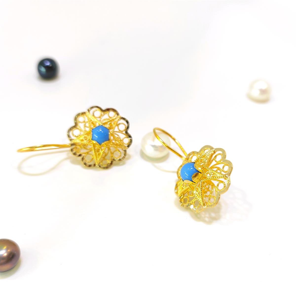 17.5mm Sallanan Turkuaz Gül Küpe 14 Ayar Altın HD VİDEOLU