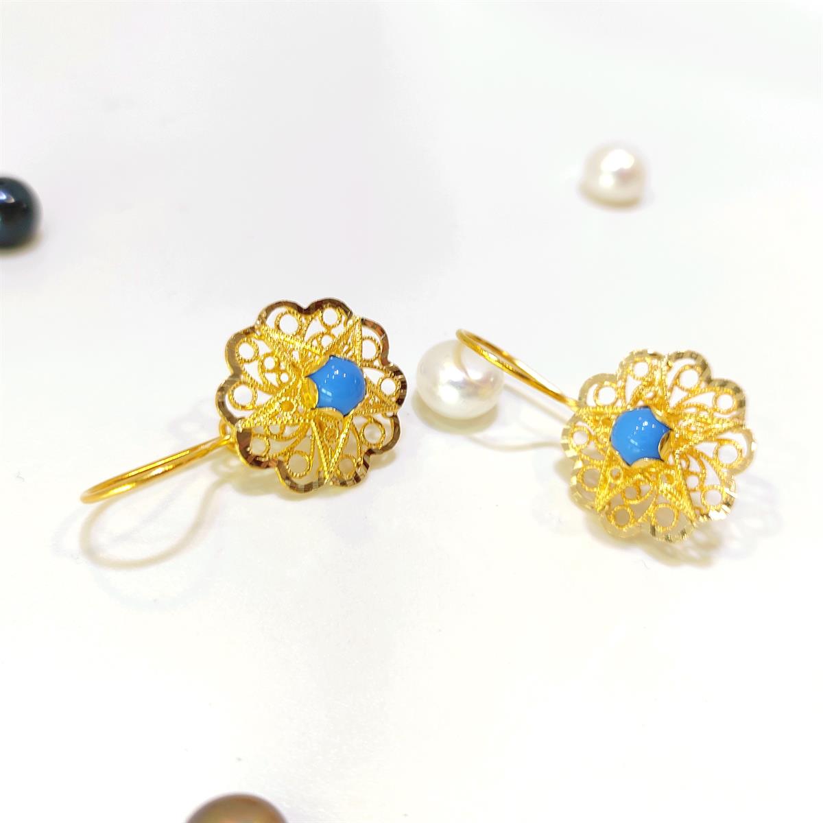 17.5mm Sallanan Turkuaz Gül Küpe 14 Ayar Altın HD VİDEOLU