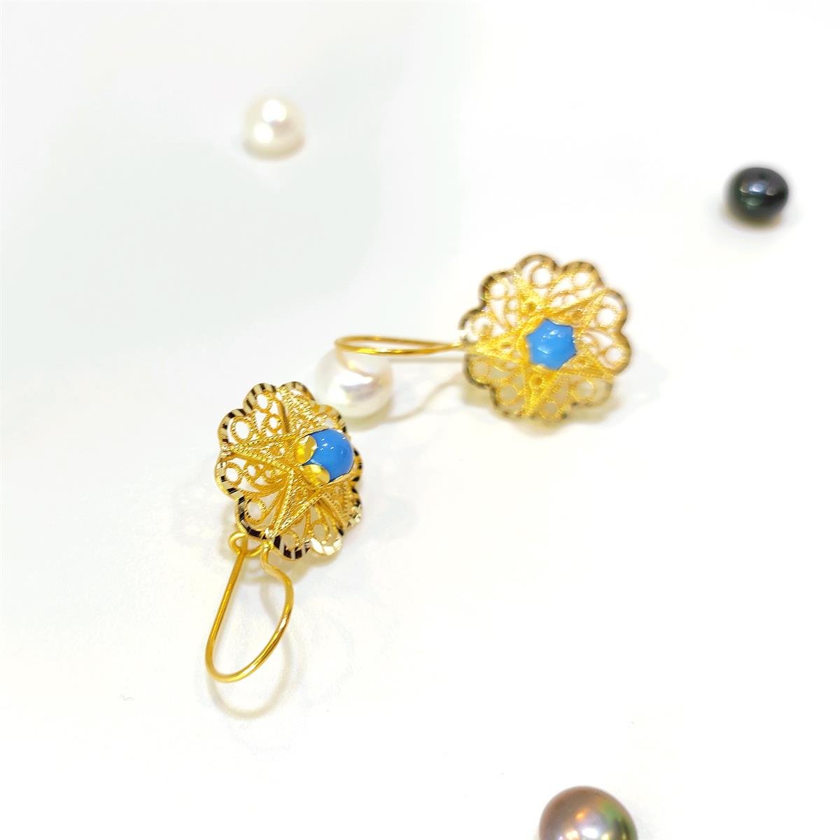 17.5mm Sallanan Turkuaz Gül Küpe 14 Ayar Altın HD VİDEOLU