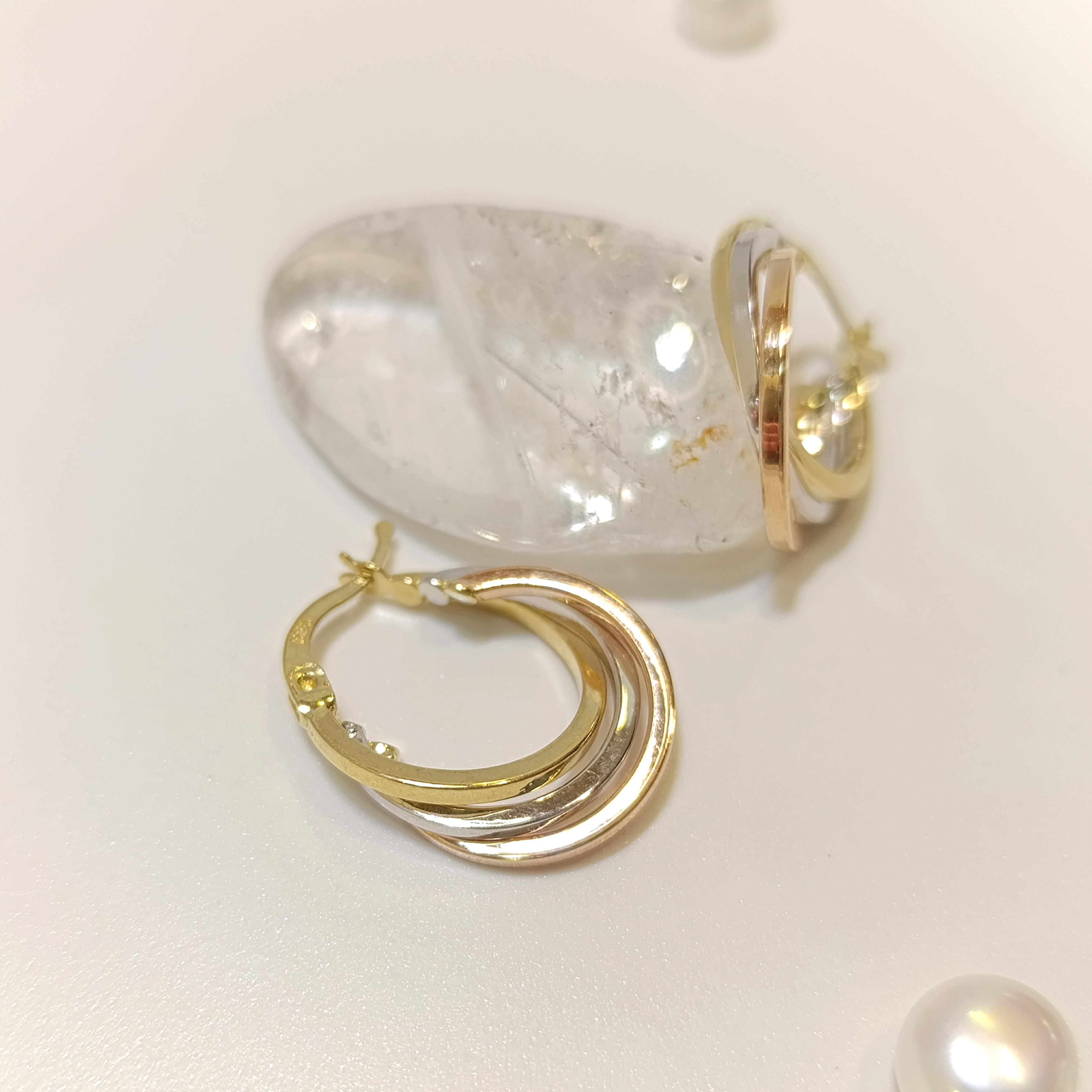 17mm Üç Renkli Halka Küpe 14 Ayar Altın HD VİDEOLU