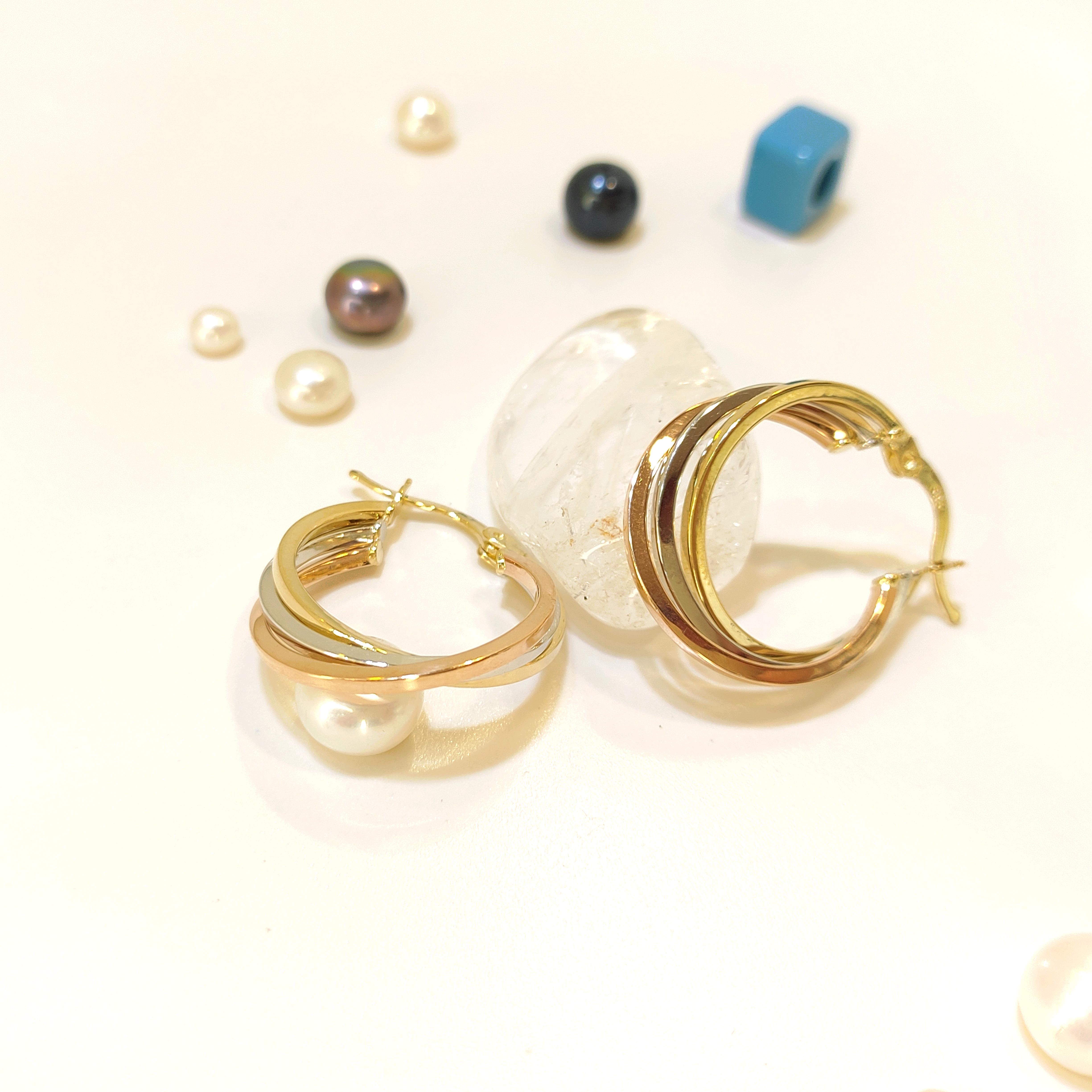 22mm Üçlü Renkli Halka Küpe 14 Ayar Altın 