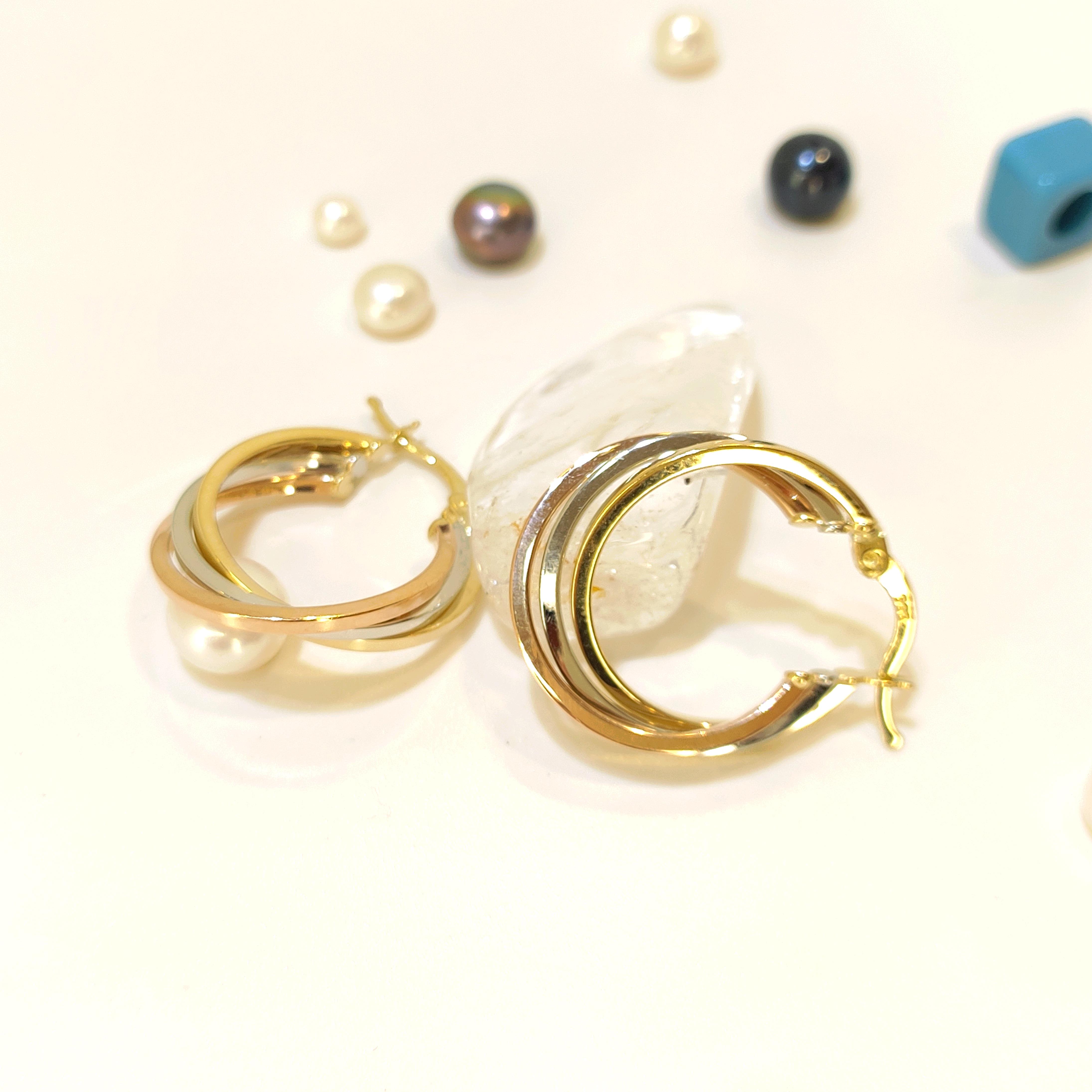 22mm Üçlü Renkli Halka Küpe 14 Ayar Altın 