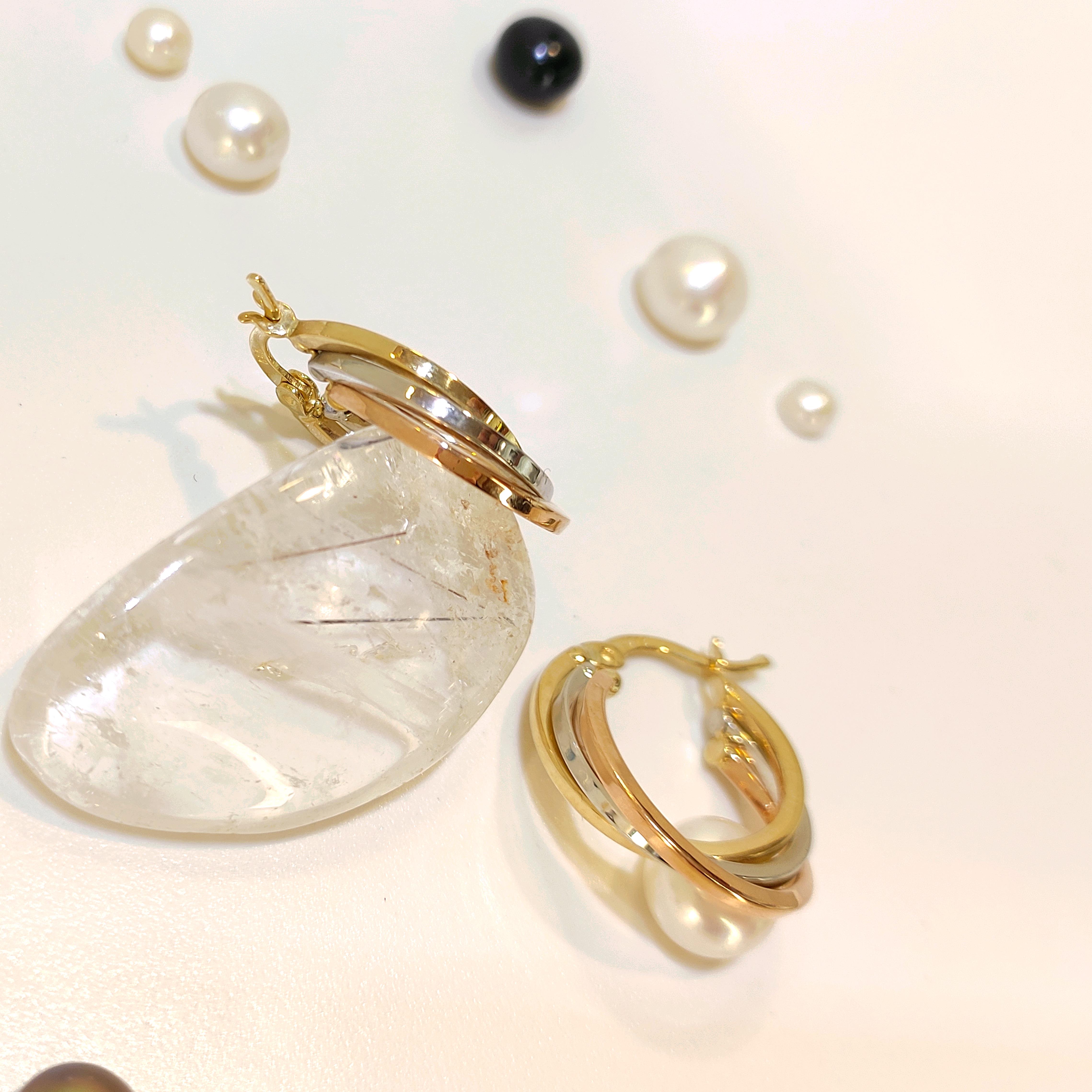 22mm Üçlü Renkli Halka Küpe 14 Ayar Altın 