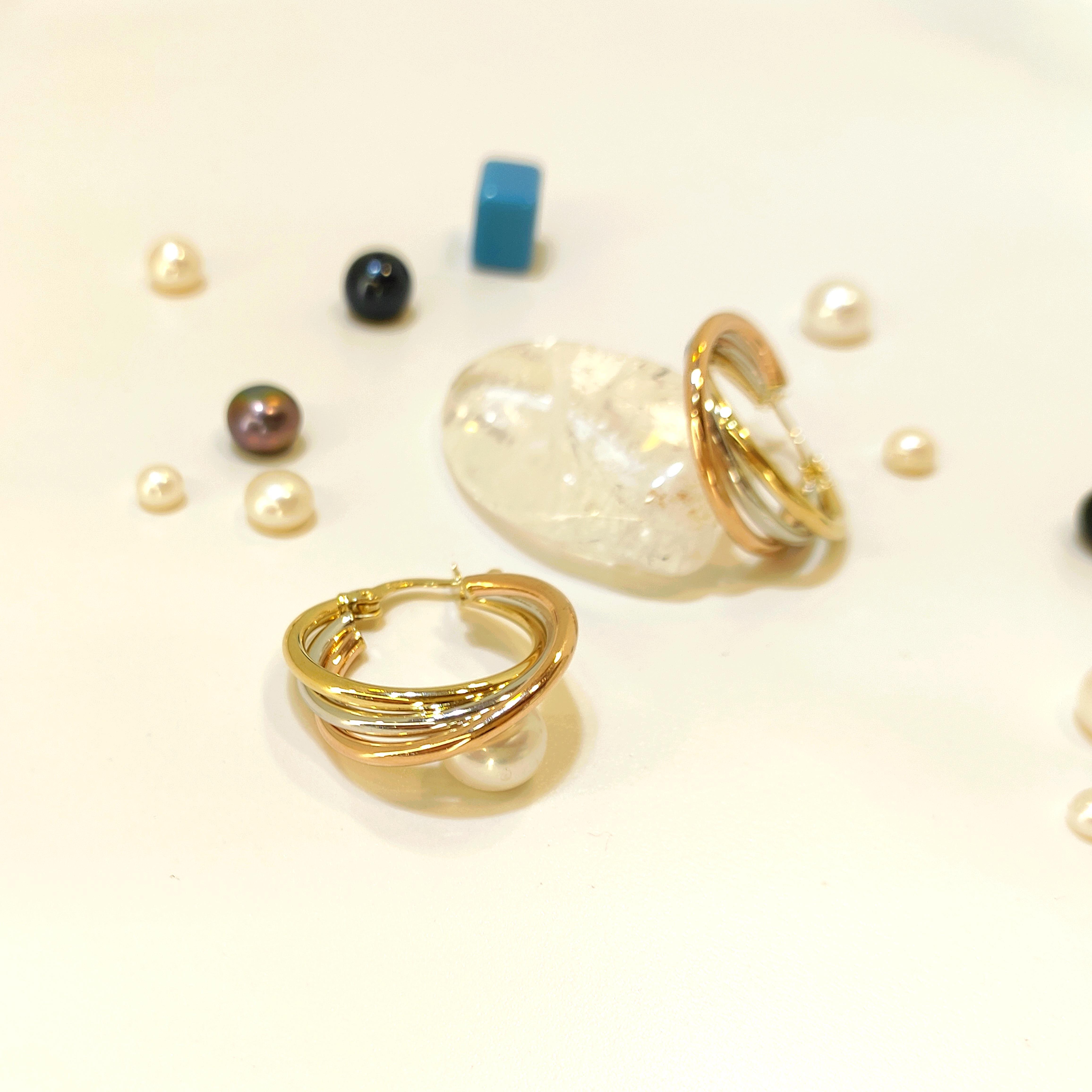 27mm Üçlü Renkli Halka Küpe 14 Ayar Altın 