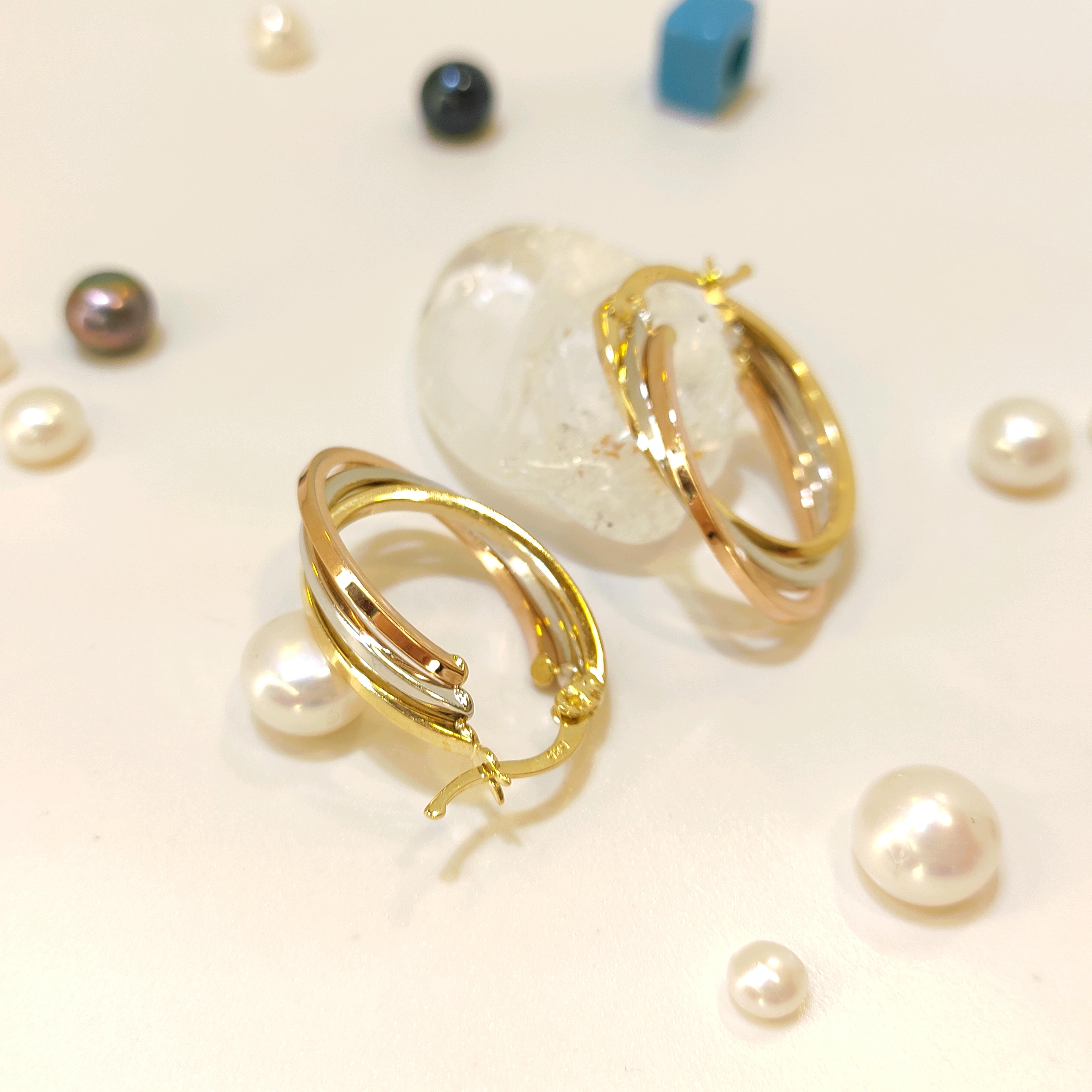 27mm Üçlü Renkli Halka Küpe 14 Ayar Altın 