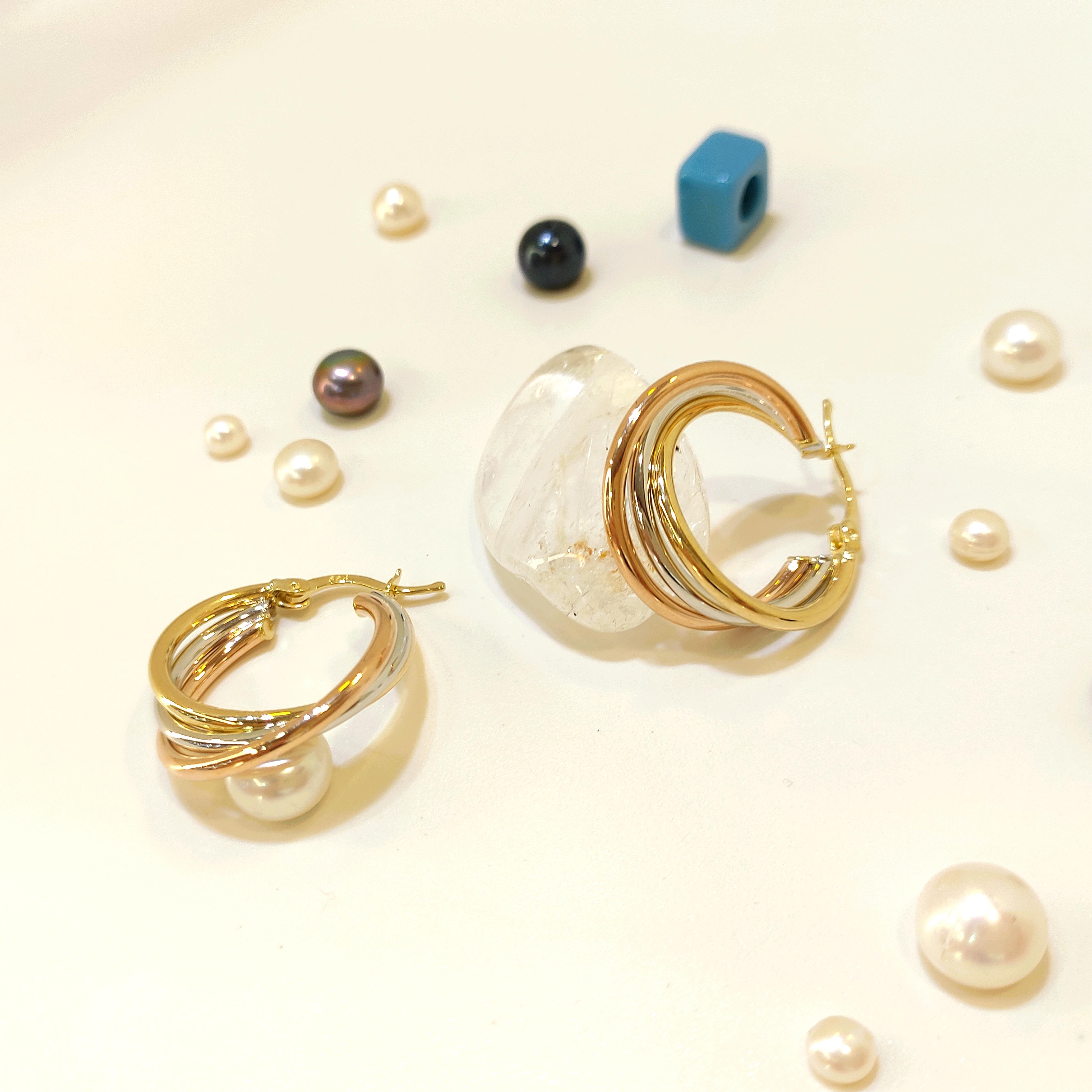 27mm Üçlü Renkli Halka Küpe 14 Ayar Altın 