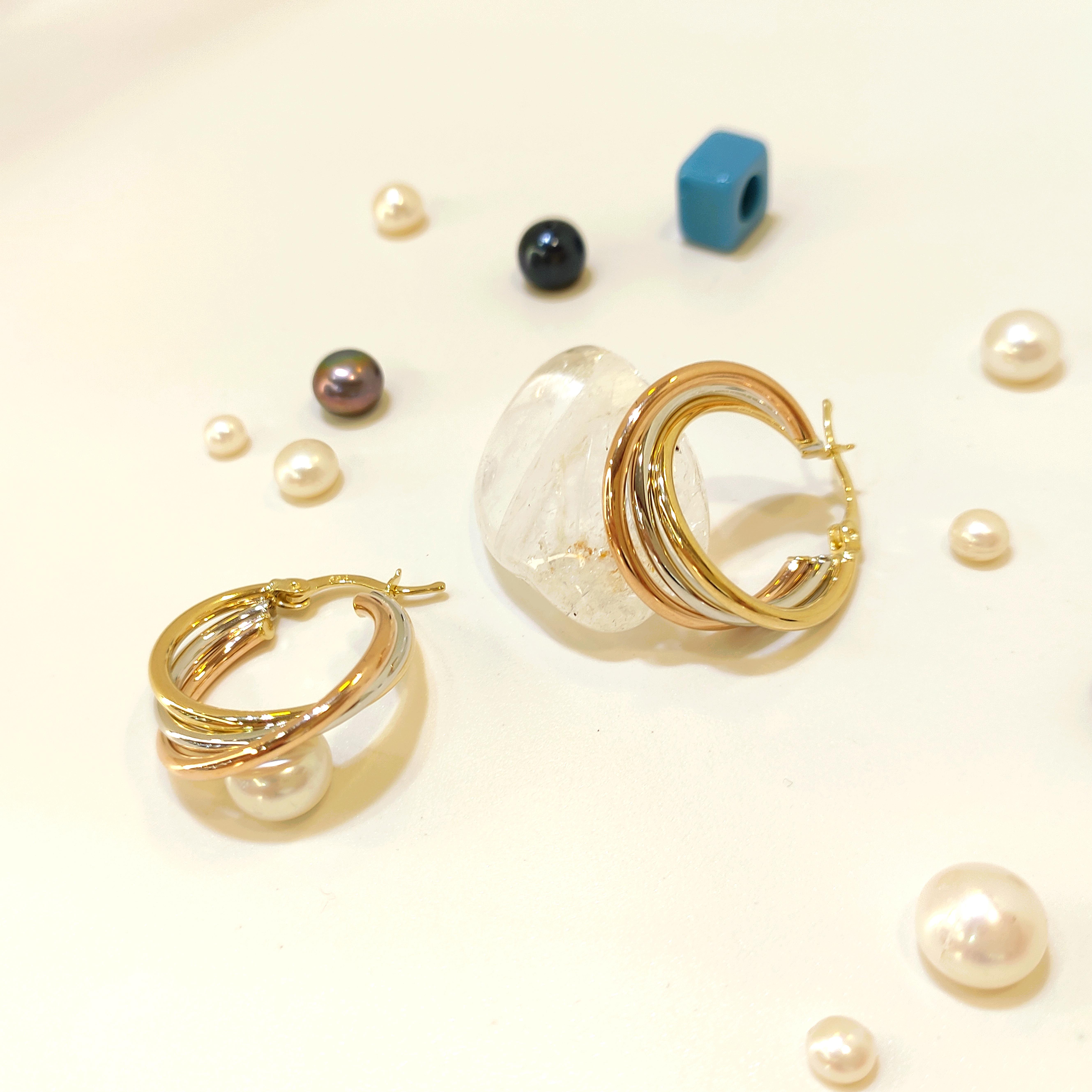 27mm Üçlü Renkli Halka Küpe 14 Ayar Altın 