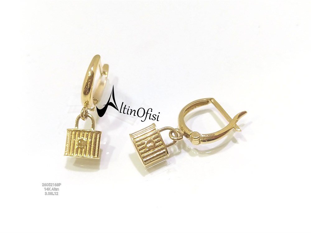 Asma Kilit Figürlü Sallanan Küpe 14 Ayar Altın