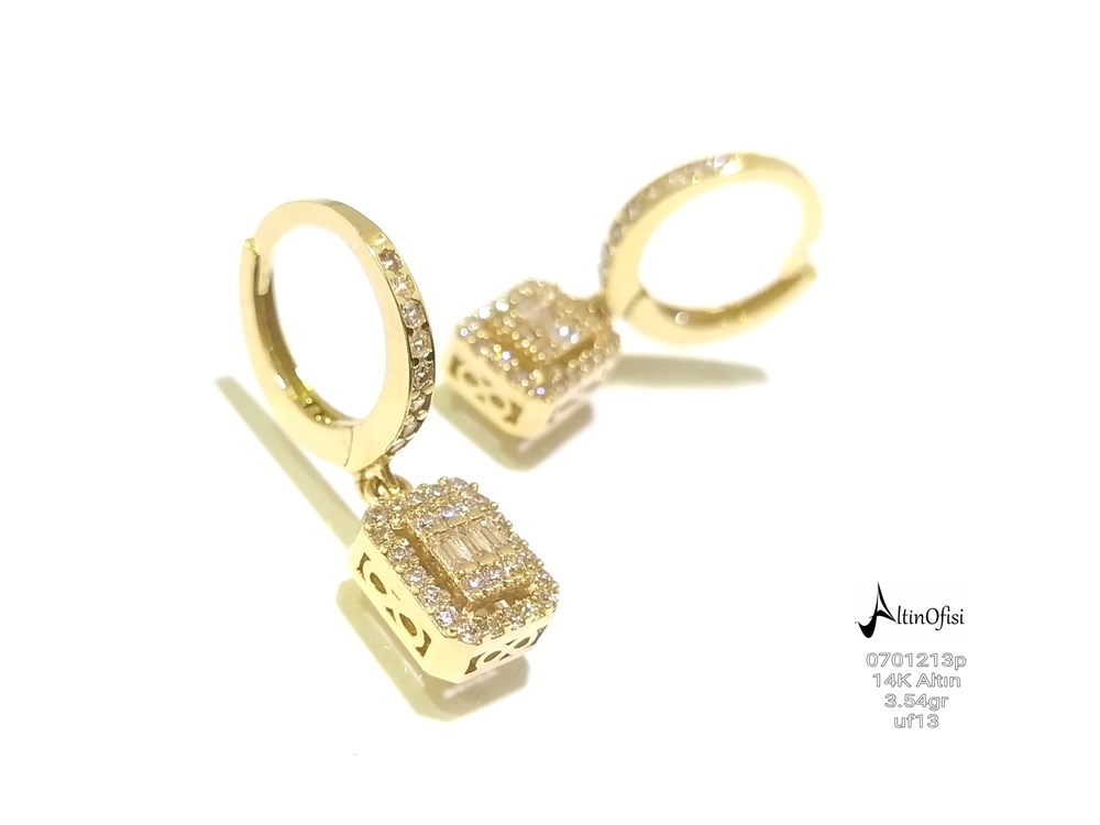 Baget Taşlı Sallanan Küpe  14 Ayar Altın