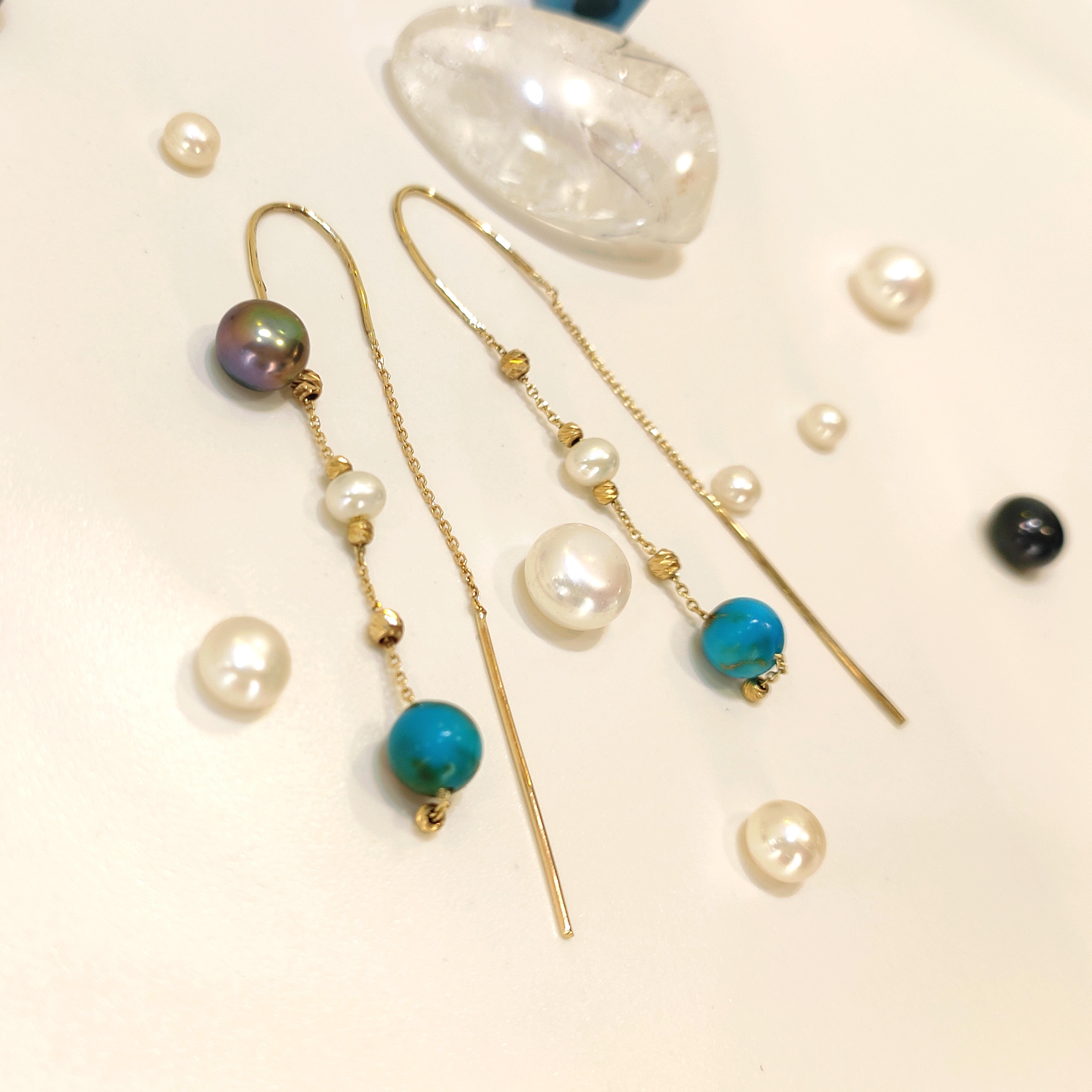 Dorika Toplu İnci ve Varasit Taşlı Sallanan Zincir Küpe 14 Ayar Altın HD VİDEOLU