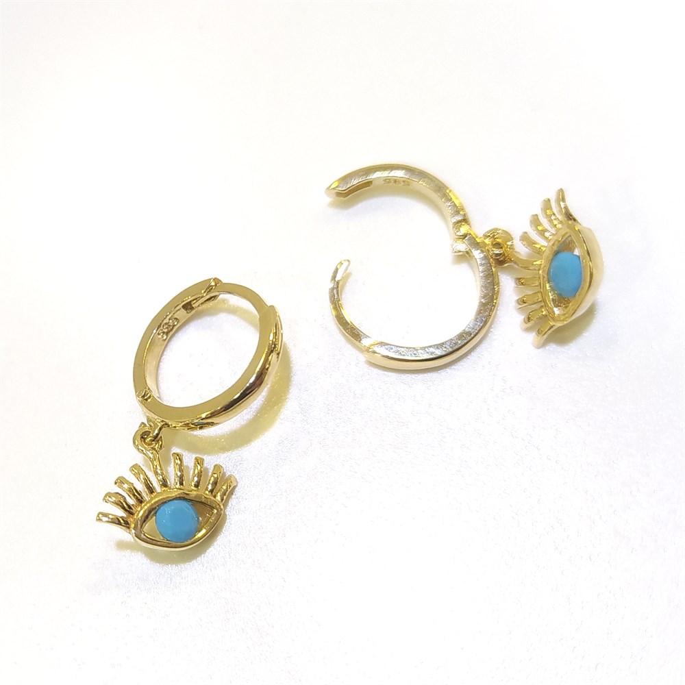 Firuze Taşlı Kirpikli Göz Sallanan Halka Küpe 14 Ayar Altın