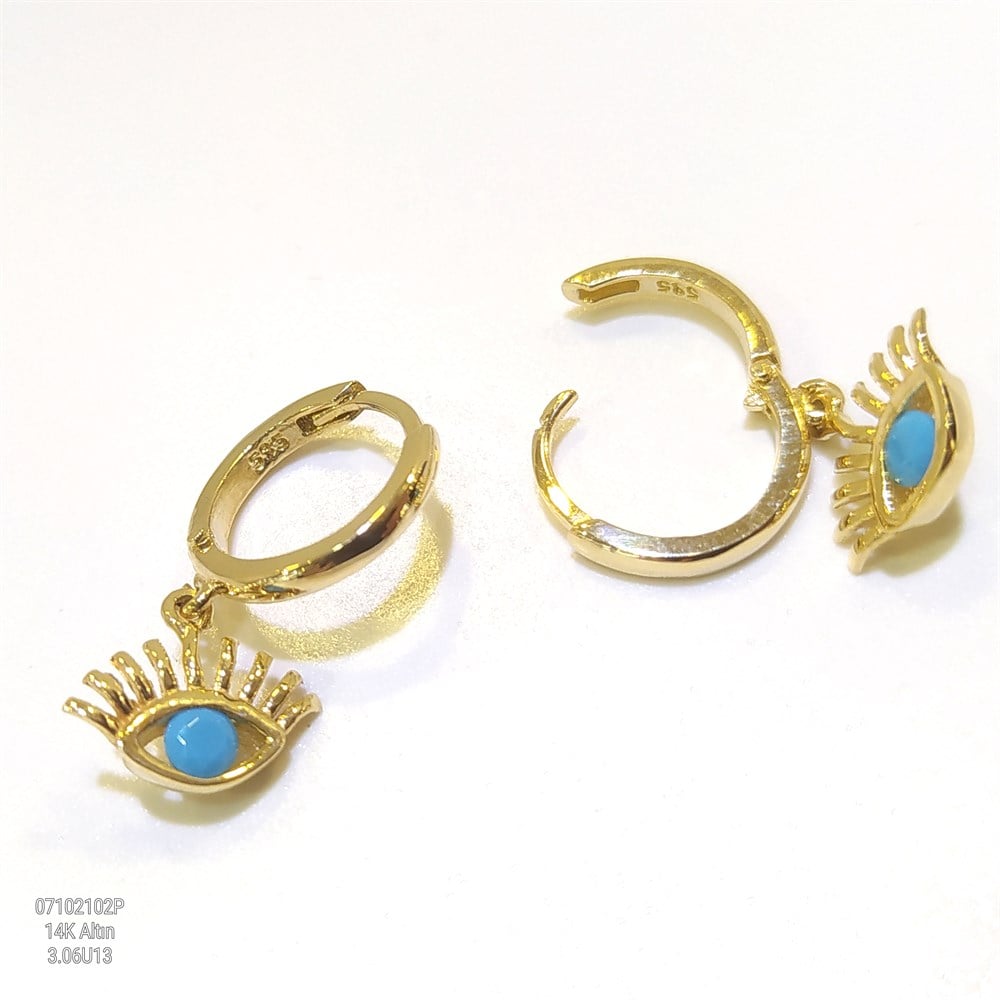 Firuze Taşlı Kirpikli Göz Sallanan Halka Küpe 14 Ayar Altın