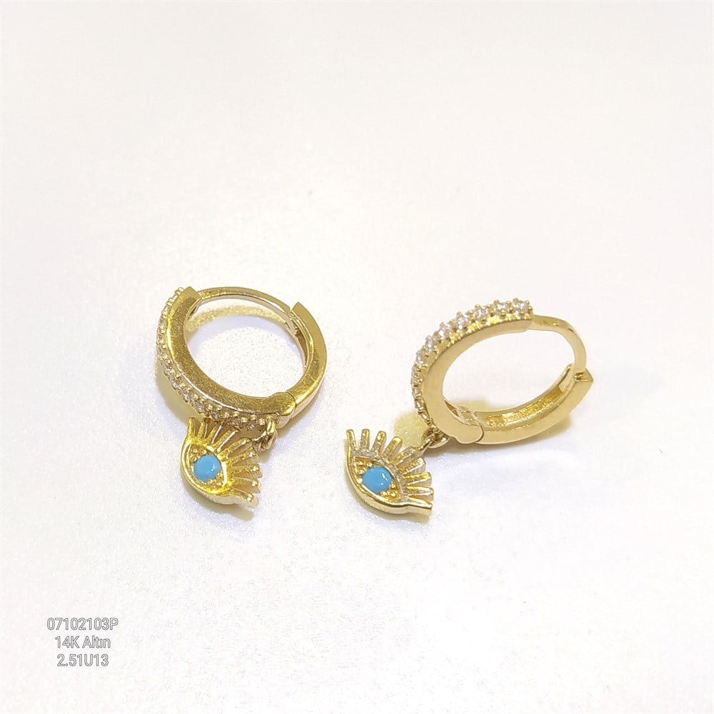 Firuze Taşlı Kirpikli Göz Sallanan Halka Küpe 14 Ayar Altın