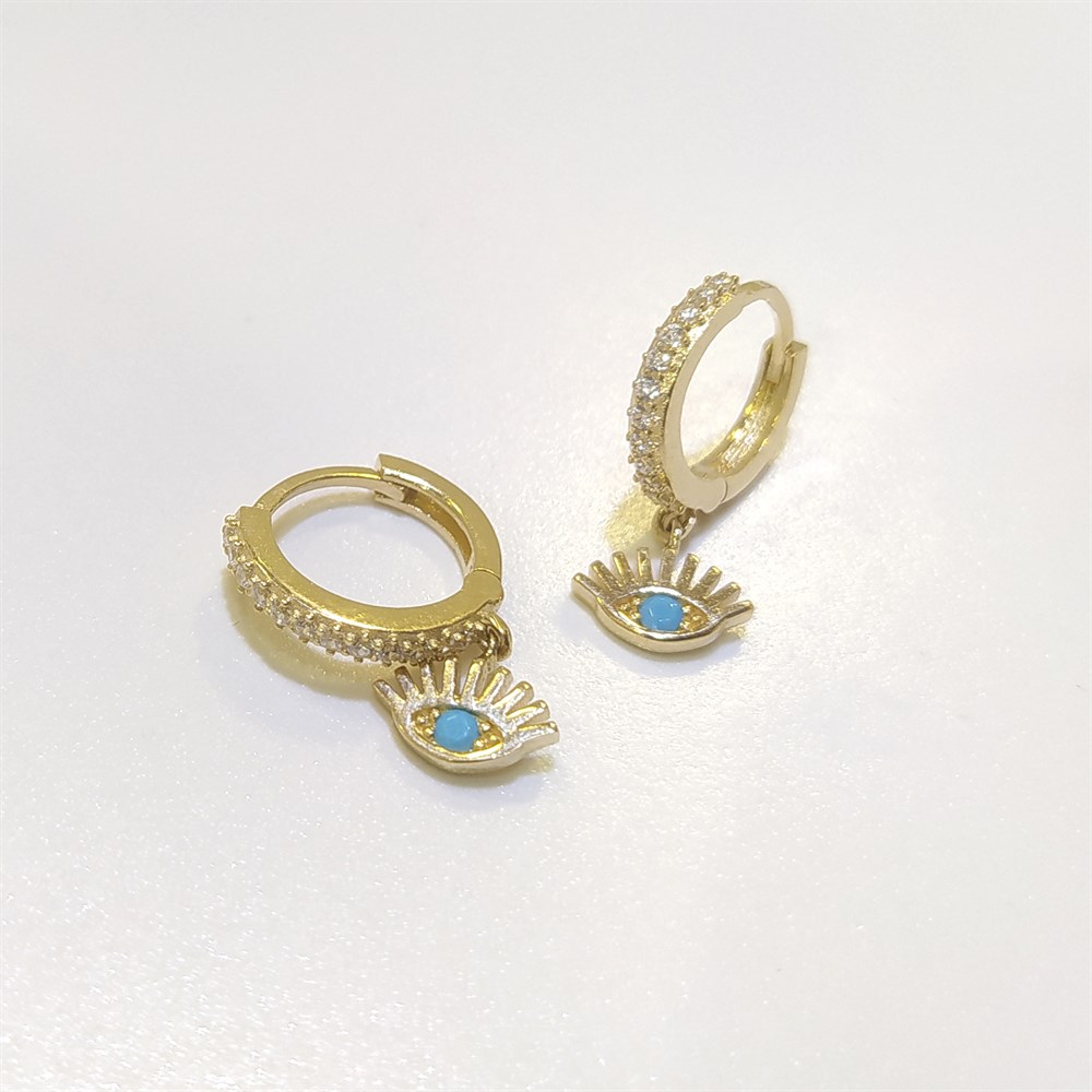 Firuze Taşlı Kirpikli Göz Sallanan Halka Küpe 14 Ayar Altın