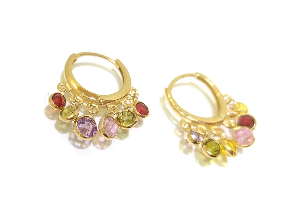 Gök Kuşağı Sallanan Halka Küpe  14 Ayar Altın