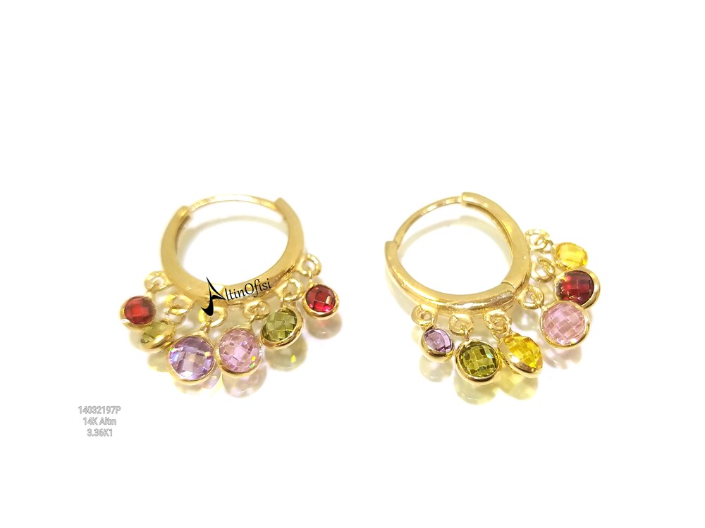 Gök Kuşağı Sallanan Halka Küpe  14 Ayar Altın