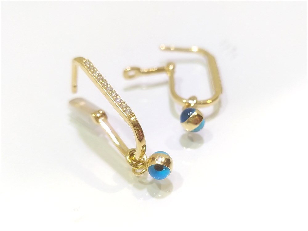 Göz Boncuklu Sallanan Halka Küpe 14 Ayar Altın