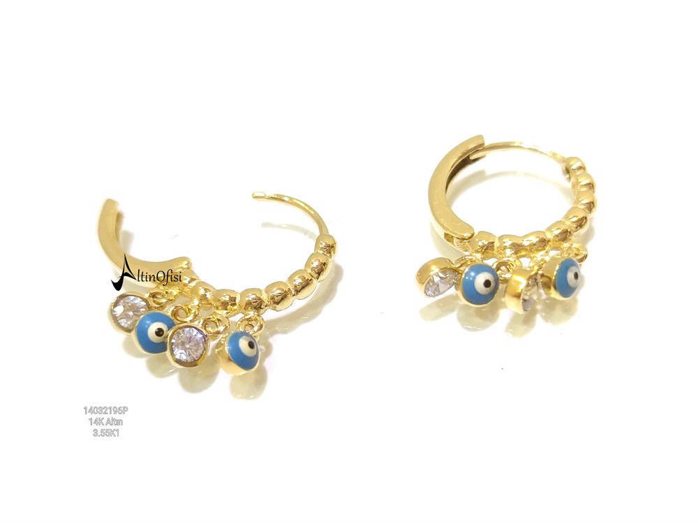 Göz Boncuklu Sallanan Halka Küpe  14 Ayar Altın