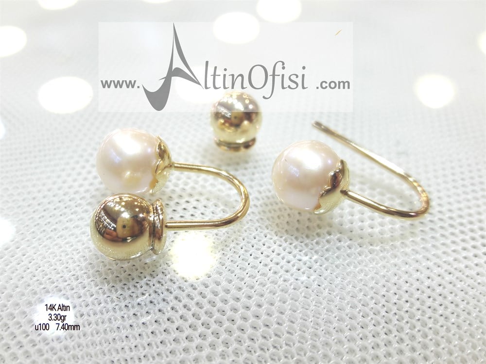 İnci Top Küpe 14 Ayar Altın 7,40mm inci çapı