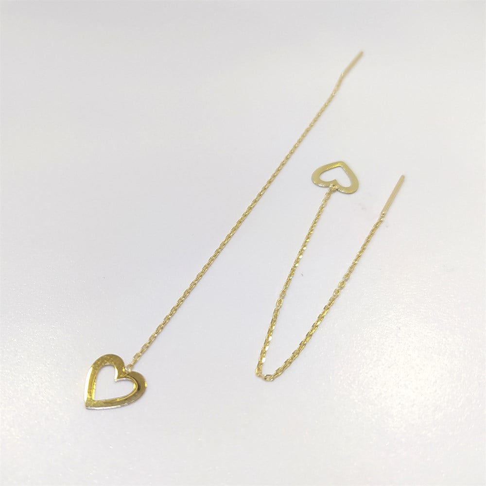 Kalp Zincir Sallanan Küpe 14 Ayar Altın