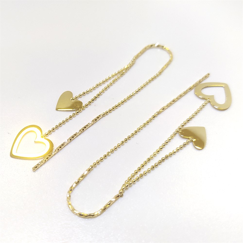 Kalp Zincir Sallanan Küpe 14 Ayar Altın