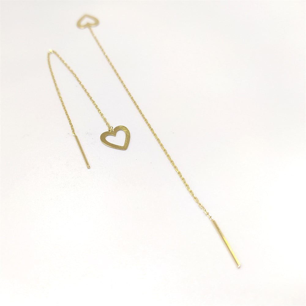 Kalp Zincir Sallanan Küpe 14 Ayar Altın