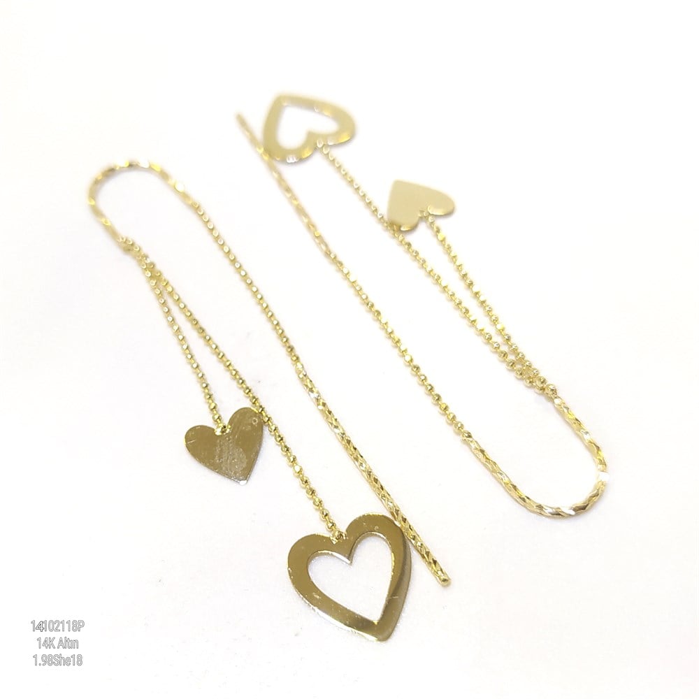 Kalp Zincir Sallanan Küpe 14 Ayar Altın