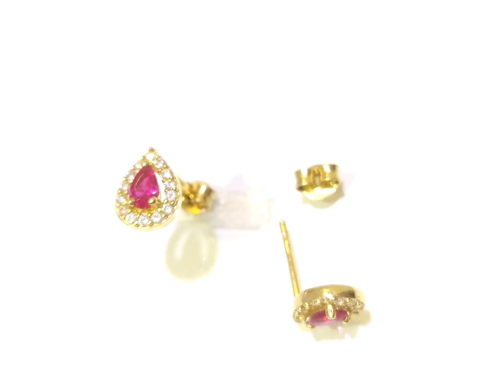 Kırmızı Damla Tek Taş Vidalı Küpe  14 Ayar Altın