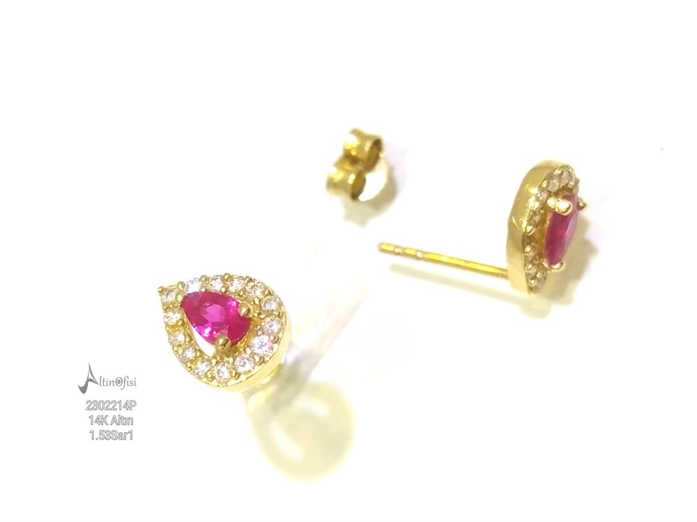 Kırmızı Damla Tek Taş Vidalı Küpe  14 Ayar Altın
