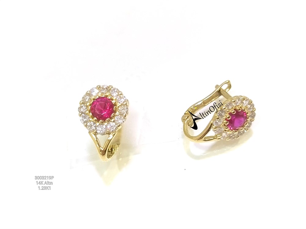 Kırmızı Taşlı Çocuk Küpe  14 Ayar Altın